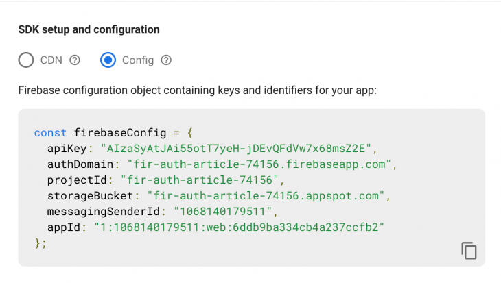 Web Config Firebase Console